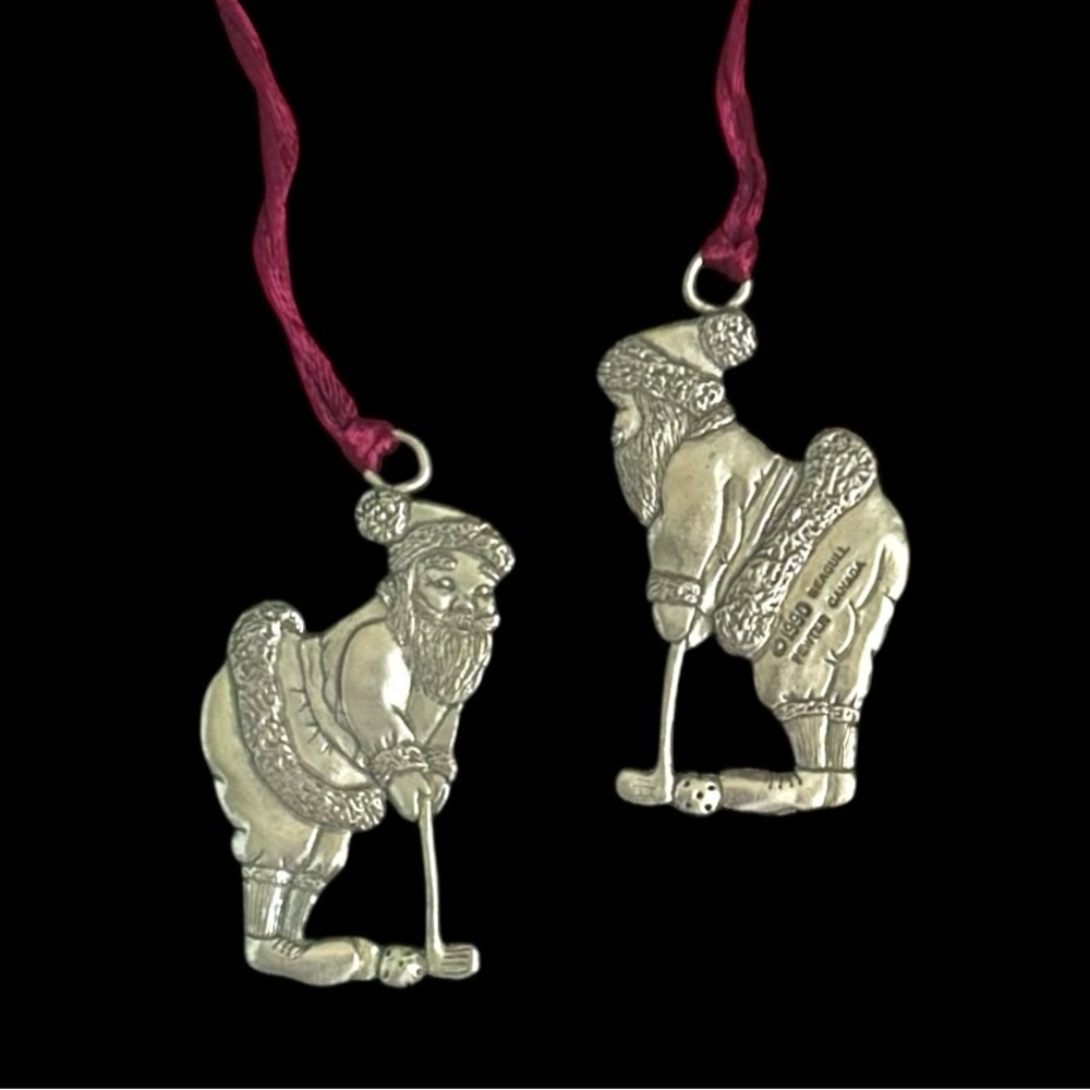 Set of 2 Seagull Vintage Pewter 1990 Golfing Santa Claus Christmas Ornaments